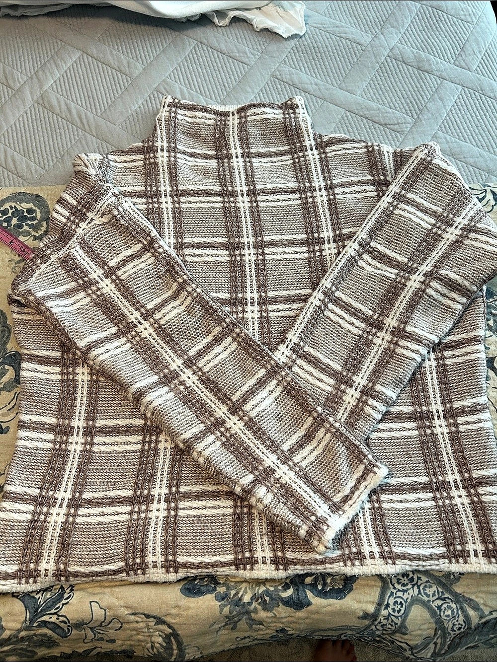 Rachel Zoe Plaid Knit Sweater in Tan  & Cream